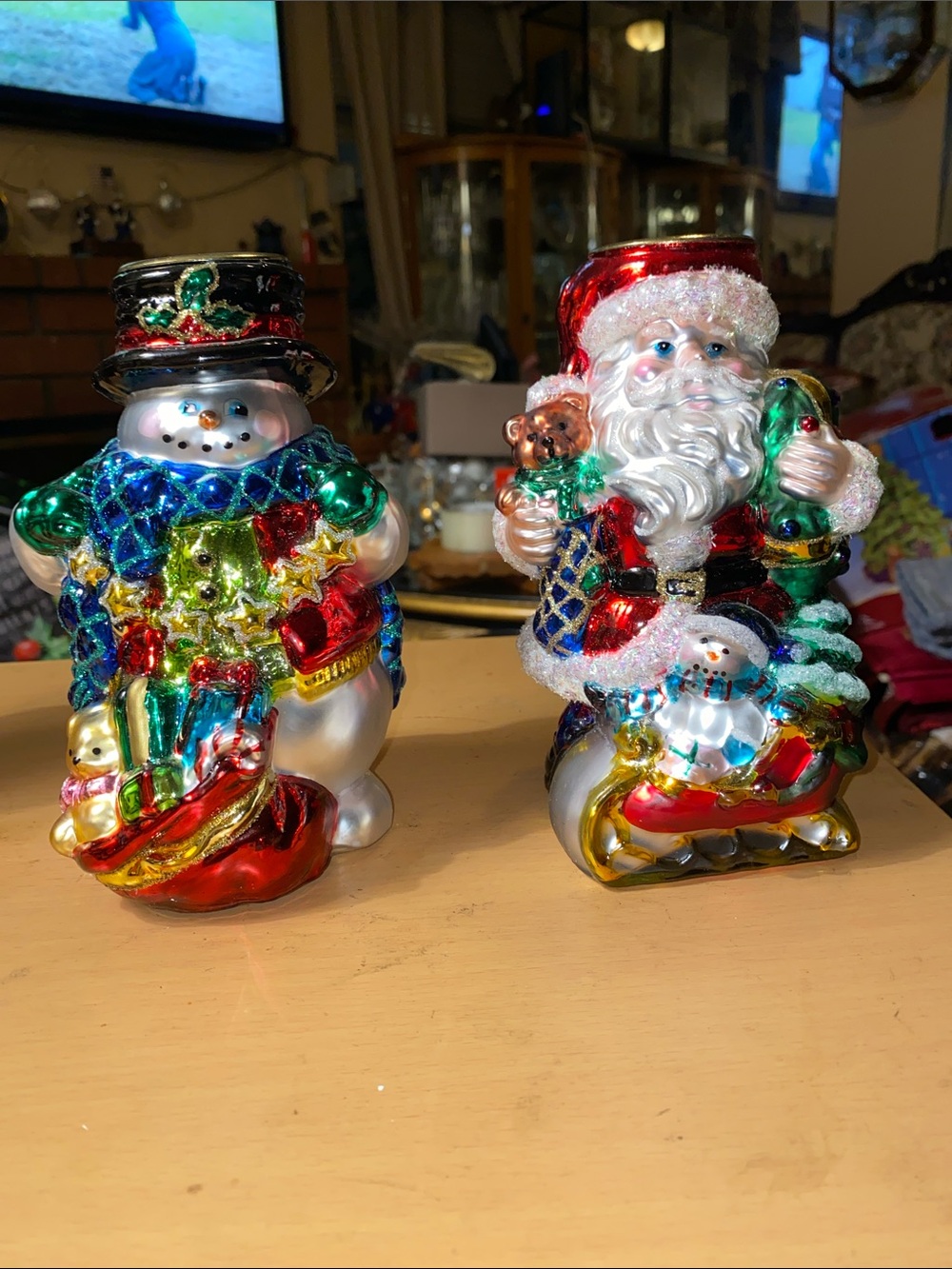 Vintage Mercury Glass 6.5” Christmas SNOWMAN And SANTA TEA LIGHT HOLDER